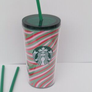 Starbucks Holiday Stripes 16 oz Double Wall Cold Cup 3 Reusable Straws NWOT